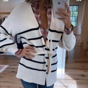 STRIPED BISHOP-SLEEVE CHUNKY WRAP SWEATER